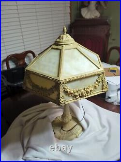 Stunning Large 12 Panel White Slag Glass Table Lamp 1930's Cast Iron 25H x 18W