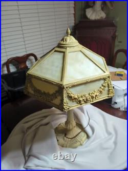 Stunning Large 12 Panel White Slag Glass Table Lamp 1930's Cast Iron 25H x 18W Stunning Large 12 Panel White Slag Glass Table Lamp 1930's Cast Iron 25H x 18W