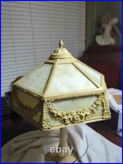 Stunning Large 12 Panel White Slag Glass Table Lamp 1930's Cast Iron 25H x 18W