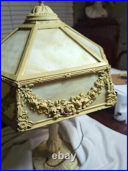 Stunning Large 12 Panel White Slag Glass Table Lamp 1930's Cast Iron 25H x 18W
