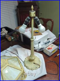 Stunning Large 12 Panel White Slag Glass Table Lamp 1930's Cast Iron 25H x 18W