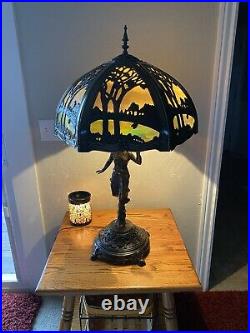 Stunning Table Lamp With Lady Base With Leaded Slag Glass Scene Shade
