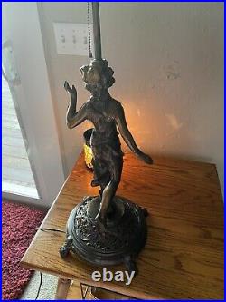 Stunning Table Lamp With Lady Base With Leaded Slag Glass Scene Shade