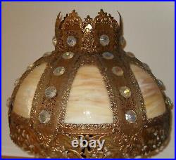 Stunning XL Antique Brass Filigree & Caramel Swirl Slag Glass Lamp Shade -rare