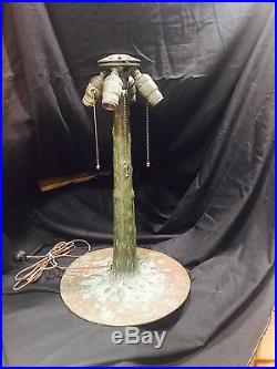 Suess Ornamental Bronze Lamp Base, Leaded, Slag, Stained Glass Shade, Handel Lamp