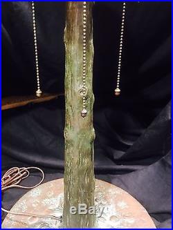 Suess Ornamental Bronze Lamp Base, Leaded, Slag, Stained Glass Shade, Handel Lamp