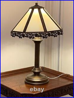 Superb 20x12 Art Nouveau Tiffany Style Table Lamp w. Slag Glass&Brass Filigree