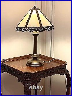 Superb 20x12 Art Nouveau Tiffany Style Table Lamp w. Slag Glass&Brass Filigree