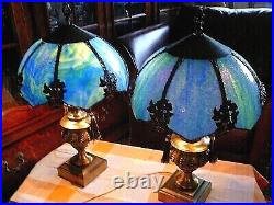 Superb Blue Tyfanny Style Antq Pair of Lamps w Bended Slag Glass Pannels & Brass