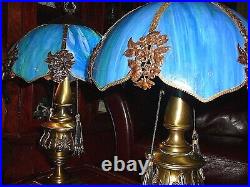 Superb Blue Tyfanny Style Antq Pair of Lamps w Bended Slag Glass Pannels & Brass