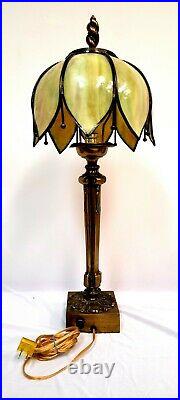 TIFFANY STYLE SLAG STAINED GLASS TABLE DESK LAMP, Brass Amber, 27 INCH -GEORGOUS