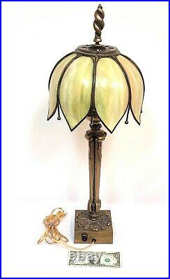 TIFFANY STYLE SLAG STAINED GLASS TABLE DESK LAMP, Brass Amber, 27 INCH -GEORGOUS
