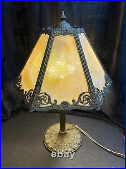 Table Lamp Antique Miller Lamps SLAG Glass 6 Panel Metal Filigree 21 Tall