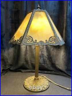 Table Lamp Antique Miller Lamps SLAG Glass 6 Panel Metal Filigree 21 Tall