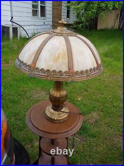 Table Lamps /Bent Panel Glass / Art Nouveau Dogwood Themed Slag Glass 1900
