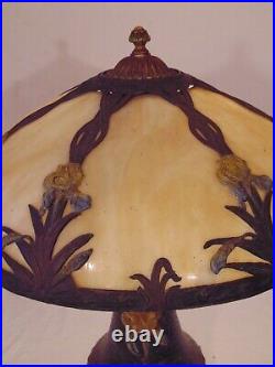 Terracotta Pottery Arts and Crafts Art Deco Slag Glass Lamp Irises 7-panel
