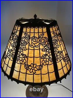 The Miller Co. Antique 1920's 6 Panel Slag Glass Rose Filigree Design Lamp