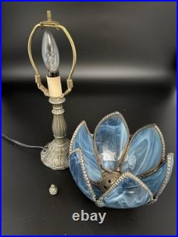 Tiffa- Mini Slag Lamp -Vintage Rare Blue With Brass Filigree Base 11 inches tall