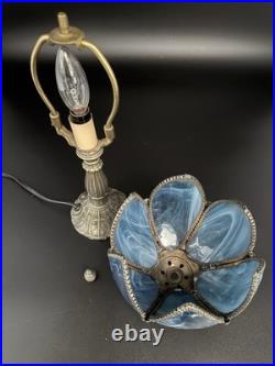 Tiffa- Mini Slag Lamp -Vintage Rare Blue With Brass Filigree Base 11 inches tall