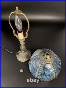 Tiffa- Mini Slag Lamp -Vintage Rare Blue With Brass Filigree Base 11 inches tall