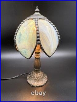 Tiffa- Mini Slag Lamp -Vintage Rare Blue With Brass Filigree Base 11 inches tall