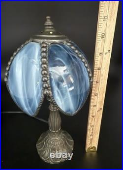 Tiffa- Mini Slag Lamp -Vintage Rare Blue With Brass Filigree Base 11 inches tall