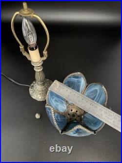 Tiffa- Mini Slag Lamp -Vintage Rare Blue With Brass Filigree Base 11 inches tall