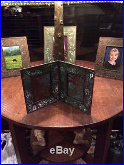 Tiffany Studios bronze pine needle arts crafts slag glass double picture frame
