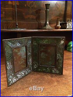 Tiffany Studios bronze pine needle arts crafts slag glass double picture frame