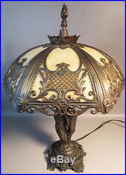 Tiffany Style Caramel Slag Glass Lamp with3 Graces Greek Goddess Figures Bronzed