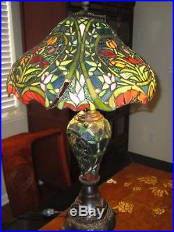 Tiffany Style Green Slag glass lamp shade Ornate Mosaic Base 14 Lbs Tulip Lily