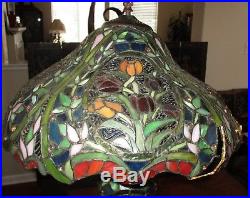 Tiffany Style Green Slag glass lamp shade Ornate Mosaic Base 14 Lbs Tulip Lily