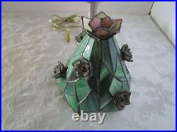 Tiffany Style SLAG STAINED GLASS TABLE LAMP 3-D 7 Roses signed aluminum base