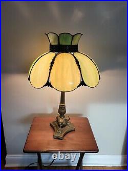 Tiffany Style Slag Glass Shade & Plaster Baroque Alter Candlestick Lamp