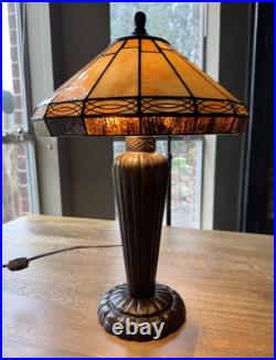 Tiffany Style Spectrum Shade Slag Mission Style Table Lamp Metal Base READ
