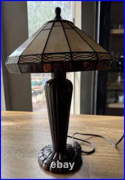 Tiffany Style Spectrum Shade Slag Mission Style Table Lamp Metal Base READ