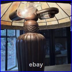 Tiffany Style Spectrum Shade Slag Mission Style Table Lamp Metal Base READ