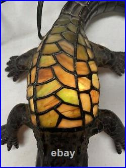 Tiffany Style Stained Slag Glass Alligator Cast Iron Greens and Yellows