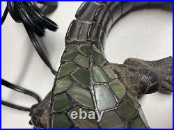 Tiffany Style Stained Slag Glass Alligator Cast Iron Greens and Yellows