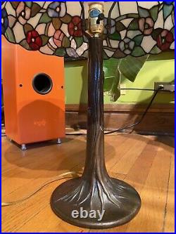 Tiffany Style Stained Slag Glass Table Lamp Floral Shade Tree Trunk Bronze Base