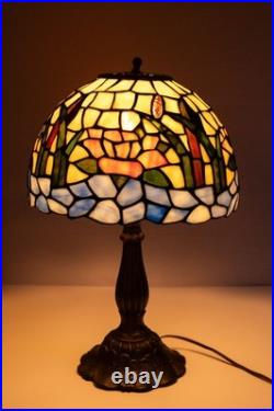 Tiffany-Style Stained Slag Glass water lily pond Table Lamp Floral Mosaic USA