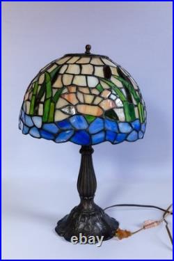 Tiffany-Style Stained Slag Glass water lily pond Table Lamp Floral Mosaic USA