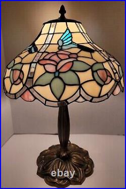 Tiffany Vtg SIGNED Table Lamp Stained-Glass Hummingbird Cabbage Rose Slag LOVELY