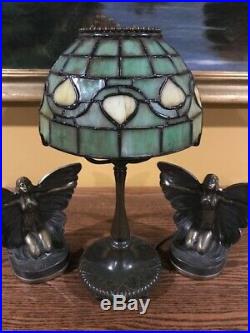 Tiffany studios L. C. T bronze desk lamp base with leaded slag glass shade