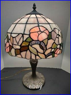 Tiffany style Stained Slag Glass Vintage Table Lamp Pink & Violet Purple Floral