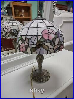 Tiffany style Stained Slag Glass Vintage Table Lamp Pink & Violet Purple Floral