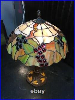 Tiffney Style Slag Stain Glass 18in Lamp With Red Grapes Table Lamp Free Ship