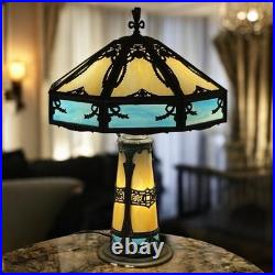 Turquoise Antique Slag Glass Art Deco Lamp with Rare Lighted Base