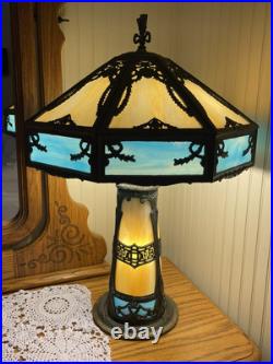 Turquoise Antique Slag Glass Art Deco Lamp with Rare Lighted Base
