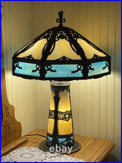 Turquoise Antique Slag Glass Art Deco Lamp with Rare Lighted Base